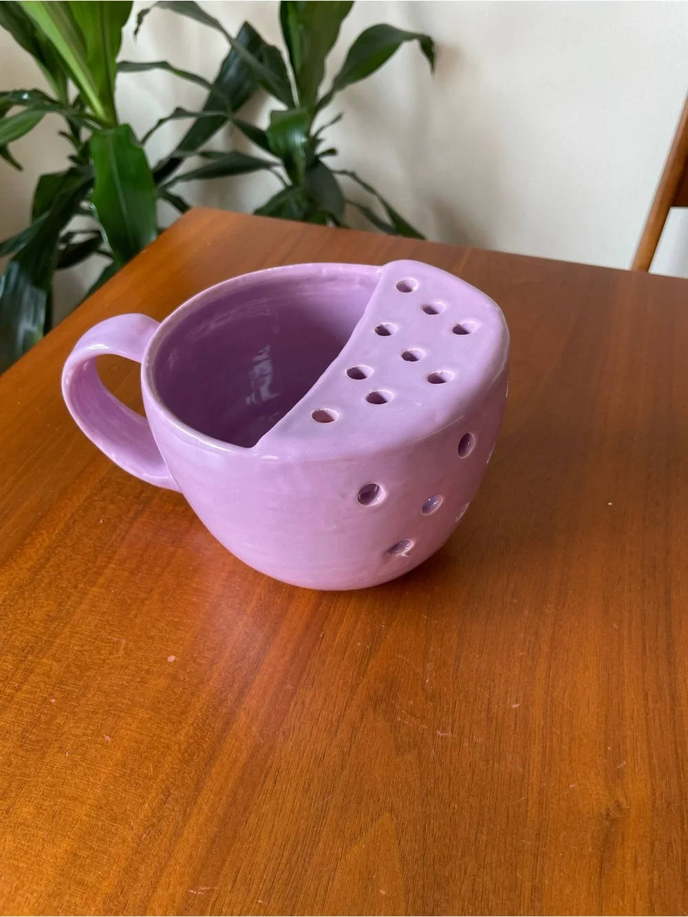 Lavender Ceramic Berry Bowl with Handle and Built-In Strainer